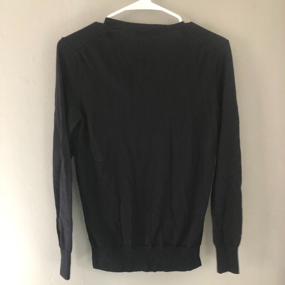 Tory Burch Navy Blue 100% Merino Wool V-Neck Cardigan Small Gold Logo Buttons - Picture 3 of 10